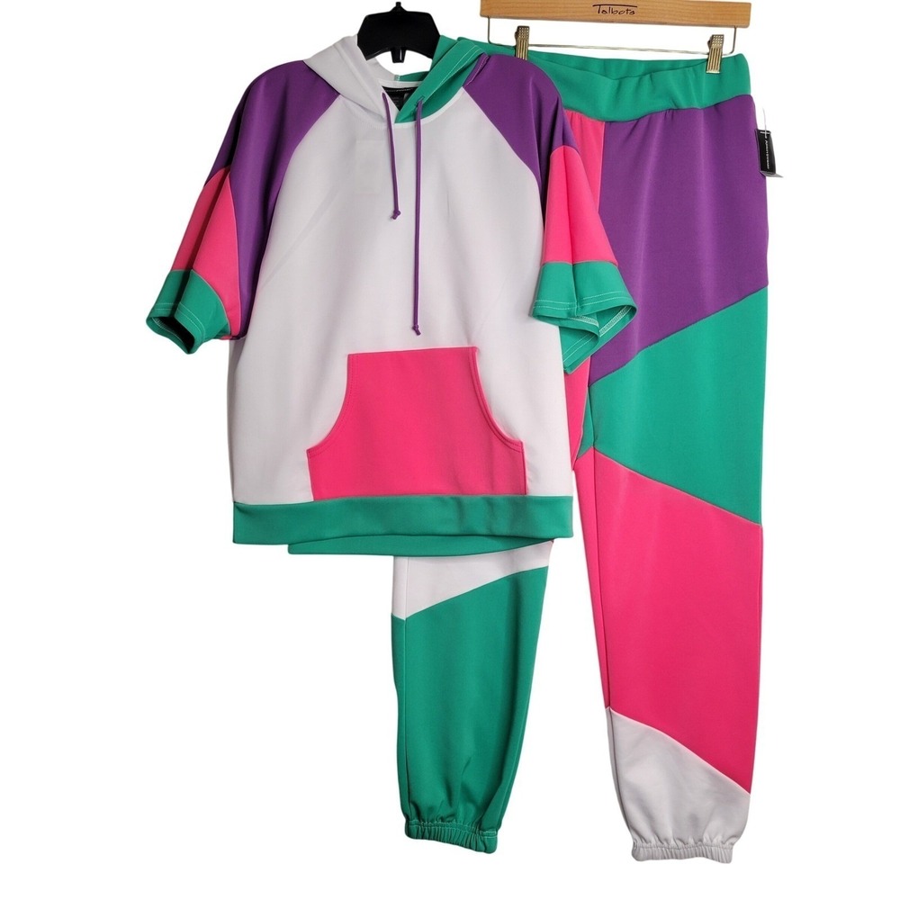 Ashley Stewart Womens Colorblock Tracksuit Set Short Sleeve Hoodie Joggers 14/16 - Picture 3 of 16